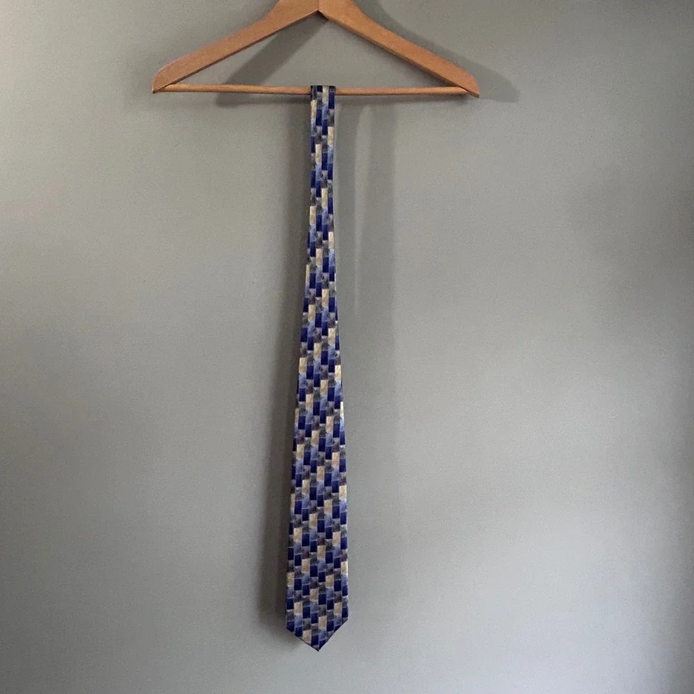 Cocktail Colors Mens Silk Tie Blue Gold Grey Geometric Patchwork Hand Made 61.5